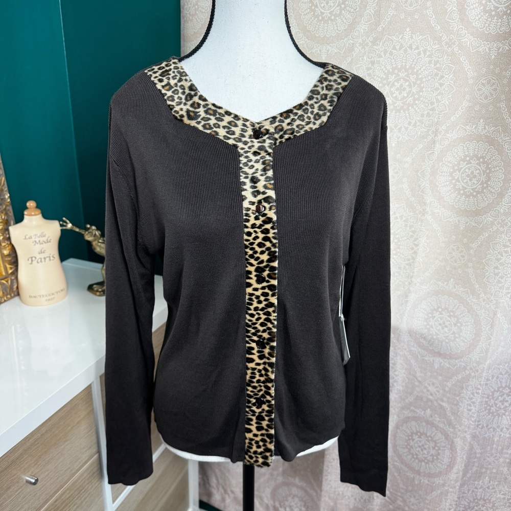 Vintage NWT Jospeh A Leopard Trim Brown Cardigan 100% Silk Y2K Animal Print